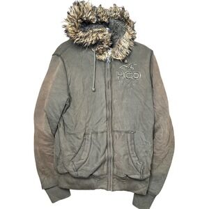 Y2K Hollister California Plaid Lined Jacket Men Med Sage Brown Faux Fur Twilight